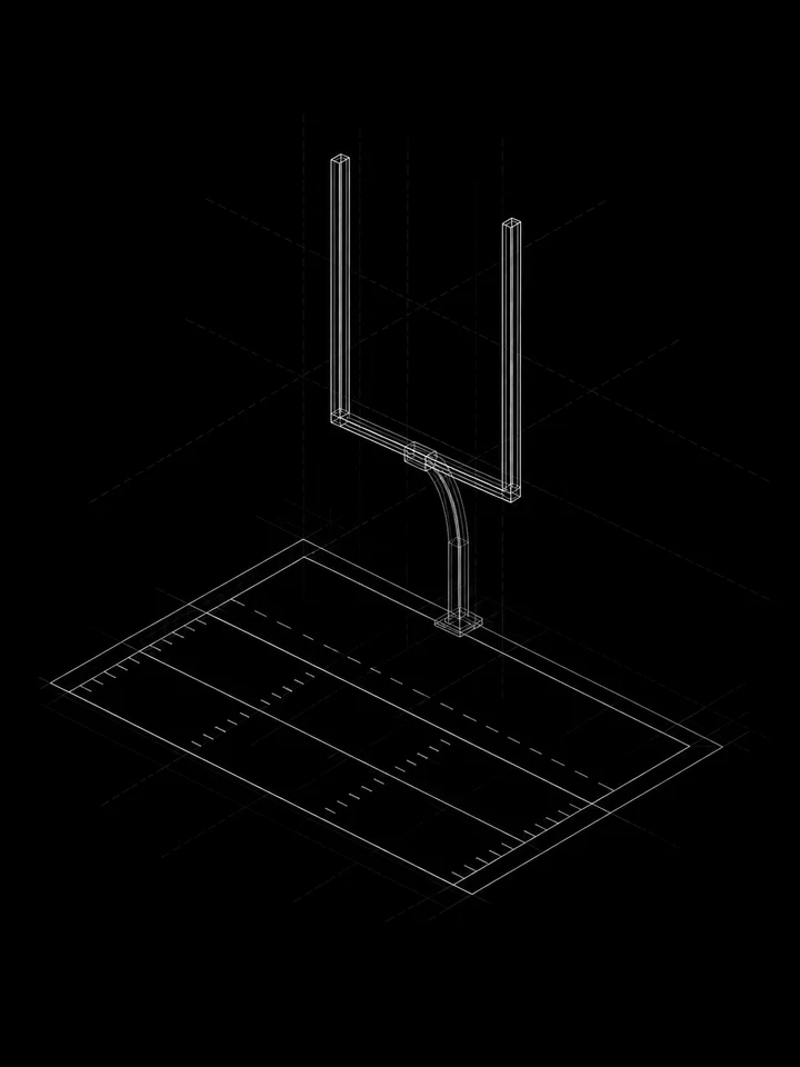 Architectural wireframe of a football goalpost and field